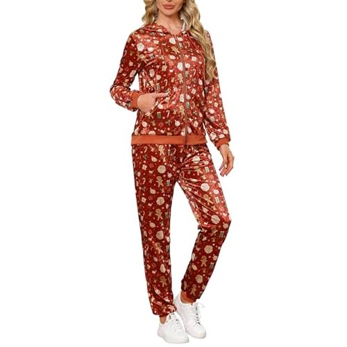 Womens 2 Piece Sweatsuits Set Velvet Long Sleeve Zip Up Track Suits Jogging Suit Christmas Red Large