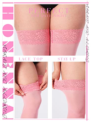 Image of HONENNA Plus Size Thigh High Stockings, Semi Sheer Stay Up Lingerie Lace Top Pantyhose for Curvy Women