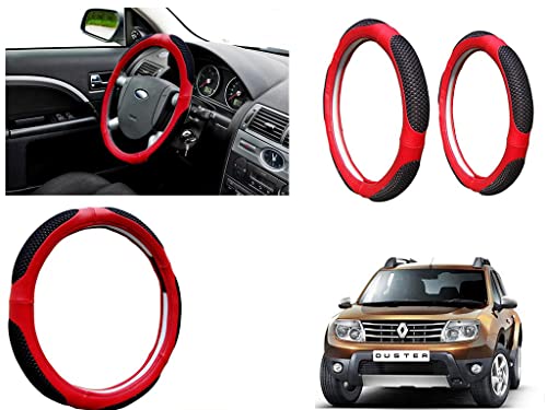 Image of Microfiber Car Steering Wheel Cover, Soft Padding Great Hand Feel, Anti-Slip, Faux Leather Steering Cover for Renault Duster | Black Red Jali - Pack of 1