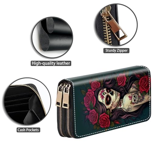 Sugar Skull Girl Roses Print Wallet for Women with Credit Card Holder Coin Money Clip PU Leather Double Zip Around Clutch Wallet4