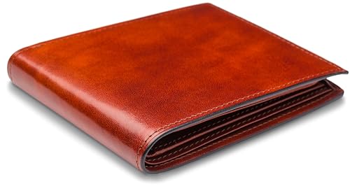 Image of Bosca Men's Leather Wallet - Old Italia Bifold Wallet For Men Made From Full Grain Italian Leather, 11 Card Slots, ID Window, Divided Currency Well, Gift-Ready Packaging - Cognac Brown