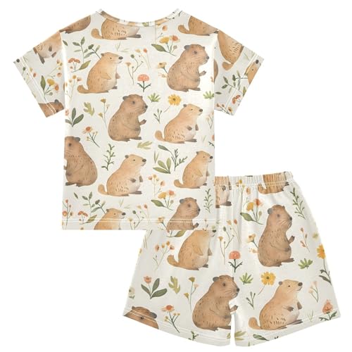 ALAZA Beautiful Capybaras Blossom Pajamas Short Sleeve 2 Piece Sleepwear Top and Bottom Pajama Set Unisex2