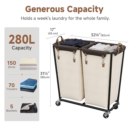 Image of StorageWorks 2 Section Laundry Hamper with Wheels, 280L Beige Sorter Cart