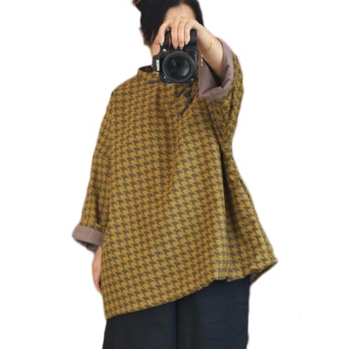 NFYM Womens Elegant Houndstooth Plaid Jackets Fall Winter Traditional Chinese Qipao Slant Collar Quilted Coats