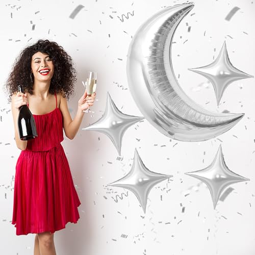 Image of Moon and Star Balloons New Years Balloons 36 Inch Large Metallic Silver Moon Foil Balloon 18 In Silver Star Shaped Balloon for Happy New Year Eve Ramadan Eid Baby Shower Birthday Party Decor