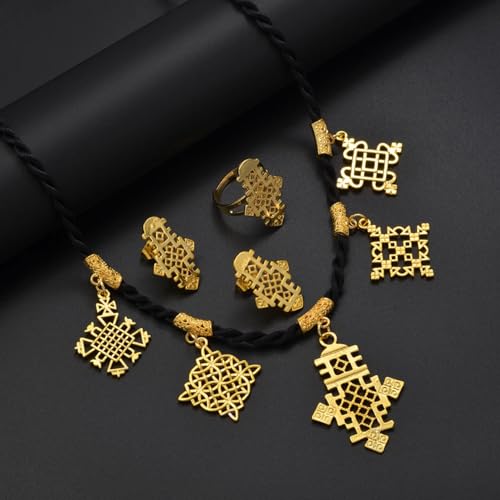 Ethiopian Traditional Jewelry | Eritrean Jewelry for Women Set | Ethiopian African Jewelry Wedding Sets Includes Cross Pendant Black Rope Earrings Ring Sets African Eritrean Religion4
