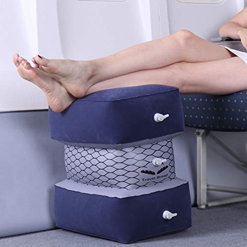 Travel Bread Travel Foot Rest Pillow, Inflatable Kids & Adults Footrest Pillow with Pump, 3 Air Valves 3 Levels Adjustable Height Travel Leg Rest Pillow for Airplane, Car, Train, Office, Home (Blue)