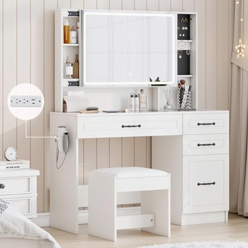 AMERLIFE Makeup Vanity Table Set with Sliding & LED Lighted Mirror, 45