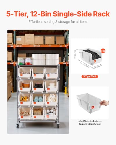Image of VEVOR 5-Tier Rolling Bin Storage Rack, 12 Organizer Bins, Bin Rack Storage Steel Wire Shelving System with Wheels, Mobile Tool Organizer for Garage, Warehouse, Office, Restaurant, Classroom, Kitchen