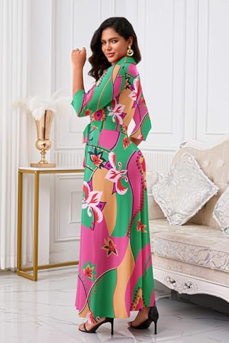 Image of Rumwind Maxi Dresses for Women, 3 /4 Sleeve Shirt Collar Casual Afircan Print Church Dress Button Down with Belt and Pockets
