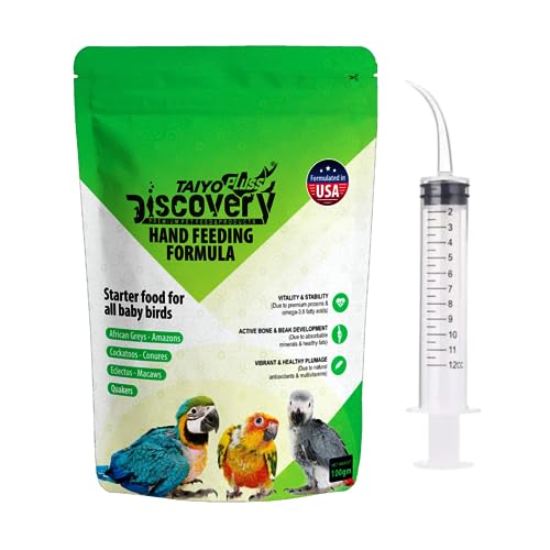 Taiyo Pluss Discovery® Hand Feeding Formula - 100 g (Pack of 1) + 12 ml Syringe Combo | Suitable for African Grey Parrot, Cockatoo,and Macaw Chicks
