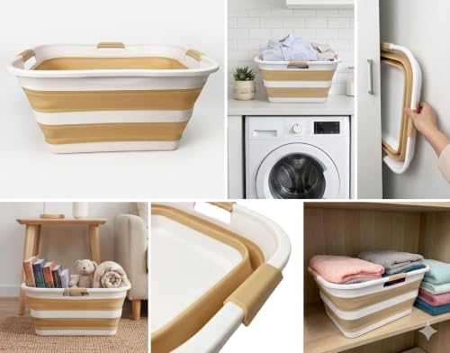 Image of SAMMART 42 (11 Gallons) Collapsible Plastic Laundry Basket, Foldable Pop Up Storage Container /Organizer, Space Saving Hamper, Portable Bin for Dorm Room Bathroom (2, Starry Blue+Beige)