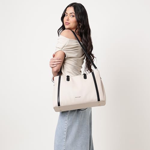 Image of Fastrack Metro Carry Laptop Tote | Faux-Leather Women's Handbag | white with black Details | 14 inch Laptop Compatible | Dual Carry Options | Pebbled Texture