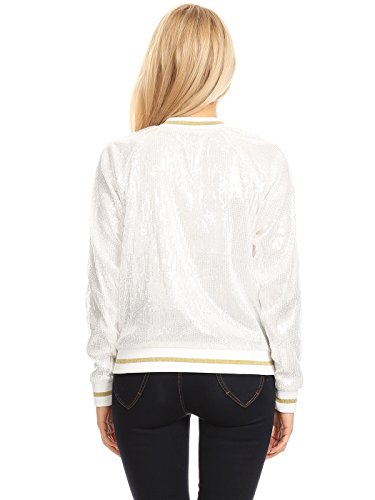 Anna-Kaci Womens Long Sleeve Front Zip Track Stripe Sequin Bomber Jacket, White, Medium