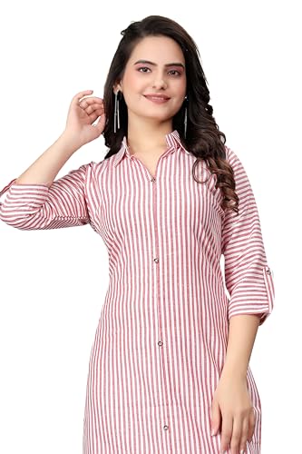 Image of Women Striped Cotton Straight Kurta (Pink)