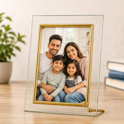 Image of Premium Crystal Glass Photo Frame 5x7 Inch | Elegant Gold Plated Inner Border with Metallic Stand Studs | Transparent Floating Tabletop Wedding Picture Frame for Home & Office Decor by MINT ART