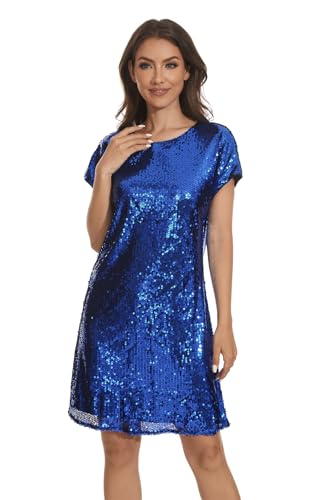 Image of Women's Crewneck Sequin Shift Dress Short Sleeve Casual Holiday Sparkly Party Dress