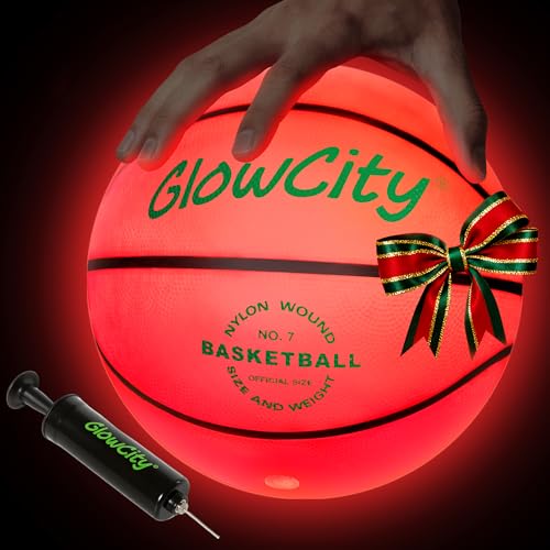 GlowCity Glow in The Dark Basketball - Size 7 Light Up Ball for Teen Boys Gifts, Adults - Red Glow for Outdoor Games - Sports Birthday Gift Ideas for Boys Ages 12 13 14 15 Basketball Gear Accessories