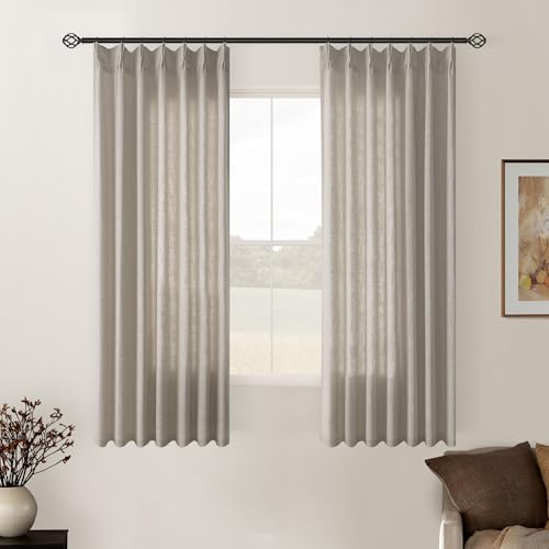 Image of TWODRAPES Burlywood Birch Pinch Pleated Linen Curtains 2 Panels for Living Room Bedroom Memory Training Shaped Semi Sheer Pleat Drapes with Hooks Rings Light Filtering Window Curtain 40x54