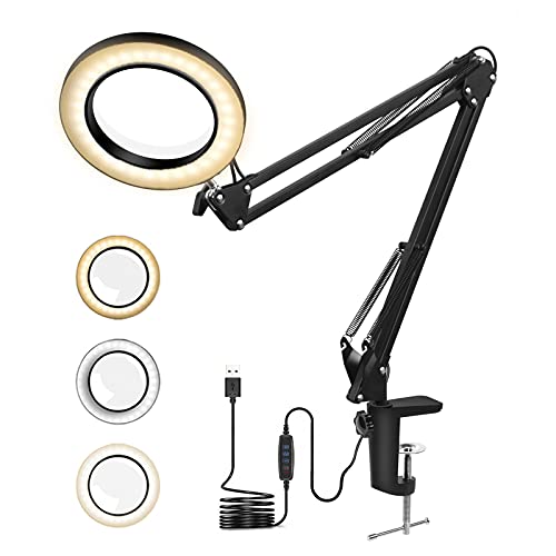 5X Magnifying Desk Lamp Toolour LED Magnifier Glass Light - 3 Light Modes 10 Brightness Dimmable - USB Powered Lighted Magnifier with Swivel Arms Tabletop Clamp for Reading Close Work & Pro Tasks