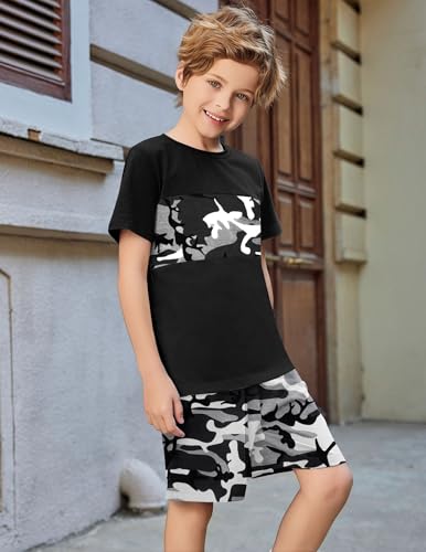 Image of Arshiner Boys' 2-Piece Cotton Outfit Color Block T-Shirt and Shorts Set Summer Camo Clothes for Kids 5-14 Years