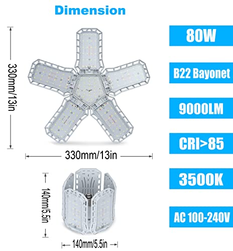 HZSANUE B22 Bayonet LED Garage Light 80W, 3500K Warm White 9000Lm Deformable Workshop Lamp with 5 Adjustable Panels - Image 2