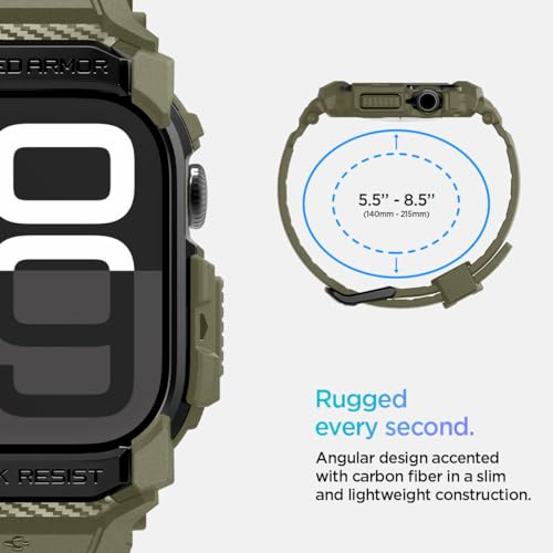 Image of Spigen Rugged Armor Pro for Apple Watch Series 11 46mm Case with Strap Band, Series 10 46mm Protective TPU Cover with Strap - Vintage Khaki