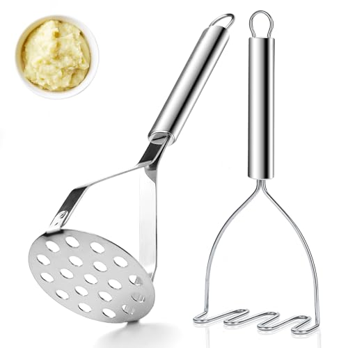 ReaNea Kartoffelstampfer Set, 2-teilig – Edelstahl Küchenstampfer mit 2 Köpfen (Draht & perforierte Platte), spülmaschinengeeignet, leicht zu reinigen – Für Kartoffelpüree, Gemüse & Avocado