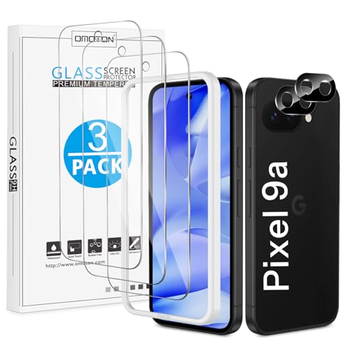 OMOTON 3+2 Stück Schutzfolie für Google Pixel 9a Panzer Schutz Glas mit Kameraschutz und Montage Rahmen Anti-Kratzer Bläschenfrei 9H Härte HD-Klar Anti-Fingerabdruck Anti-Öl