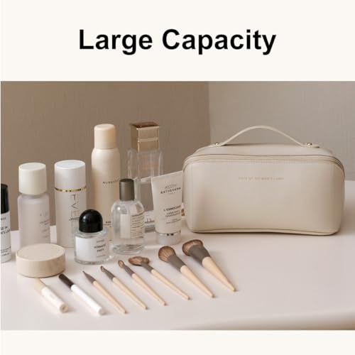 Travel Makeup Organizer Bag, Large Capacity PU Leather Cosmetic Bag for Women, Waterproof Portable Pouch Open Flat Toiletry Bag with Divider and Handle, Spacious Opening and Multi-Compartment Storage4