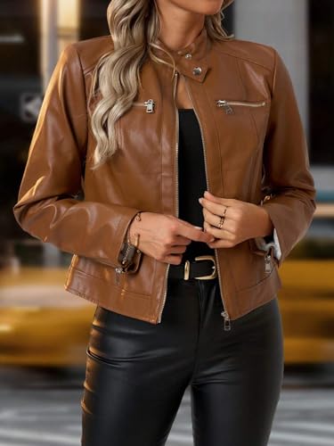 Chic Rust Brown PU Leather Slim Fit Zip-Up Jacket for Women - Perfect for Fall and Winter - Image 3