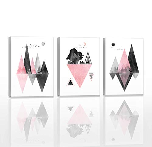 Abstract Bathroom Wall Art Decor Pink Black and White Contemporary Fashion Geometric Abstract Mountains Wall Pictures for Bedroom Office Room Decor Watercolor Painting 3 Pieces Framed Home Decoration