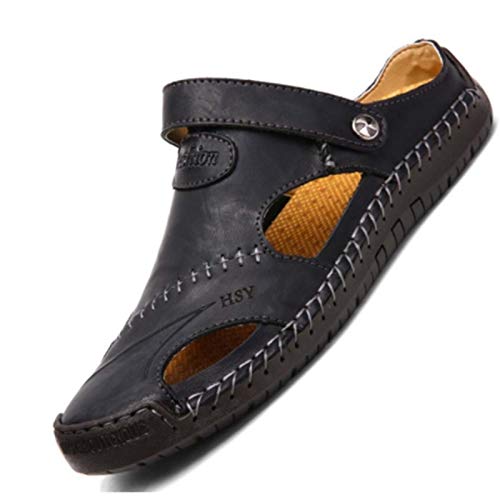 Men's Closed Toe Leather Sandals, Genuine Leather Soft Beach Breathable Shoes, Summer Outdoor Casual Fisherman Walking Shoes Non-Slip Flip Flops, Black-44