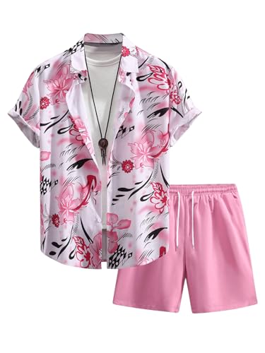 Men's Plus Size 2 Pieces Outfit Floral Print Button Down Shirt and Drawstring Waist Shorts Sets