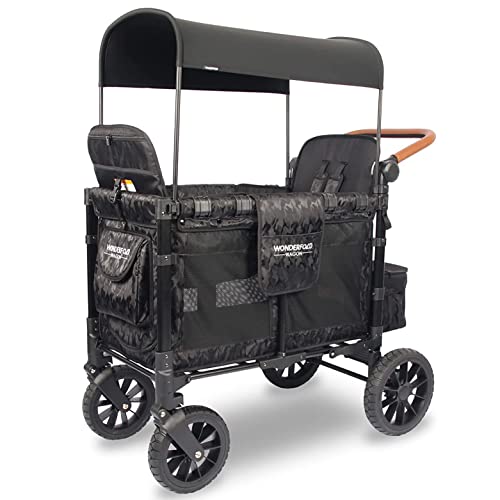 WONDERFOLD W2 Luxe Double Stroller Wagon Featuring 2 High Face-to-Face Seats with Magnetic Buckle 5-Point Harnesses and Adjustable/Removable UV-Protection Canopy, Elite Black Camo