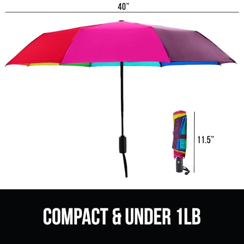 Image of GORILLA GRIP Compact Travel Size Umbrella for Rain, Sleek Design Fits Backpack, Purse and Carry On, Lightweight Under 1lb, One Click Open and Close, Wind Resistant, Durable Waterproof, Rainbow
