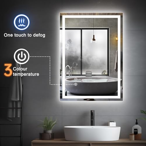 CROWNSHOP Bathroom Mirror with LED Lights 70x50cm LED Illuminated Mirror with Anti-Fog, 3 Colour Dimmable Lights, Touch Control & Memory Function | IP54 Rated, Horizontal/Vertical Mount - Cosy Home Interiors CROWNSHOP Bathroom Mirror with LED Lights 70x50cm LED Illuminated Mirror with Anti-Fog, 3 Colour Dimmable Lights, Touch Control & Memory Function | IP54 Rated, Horizontal/Vertical Mount - Image 5