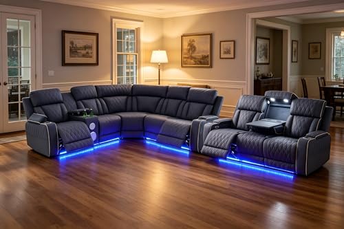 Image of Power Recliner Sectional Sofa Couches with Bass Speakers for Living Room, Leather Wall Hugger Reclining Corner Couch Sets with 4 Home Theater Seat, USB Port, Cup Holder, Storage Console
