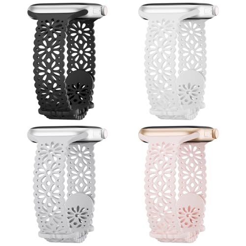 Image of 4 Pack Slim Lace Silicone Bands Compatible for Apple Watch 38mm 40mm 41mm 42mm 44mm 45mm 46mm 49mm, Thin Hollow-out Floral Breathable Strap for iWatch Series 11 /10 /9 /8 /7 /6 /5 /4 /3 /2 /1Ultra SE Women Men
