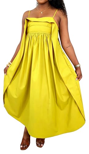 Image of YUEWOO Midi Dresses for Women Casual Summer Sundresses Vacation Outfits Spaghetti Strap Smocked Women Maxi Dress with Pockets