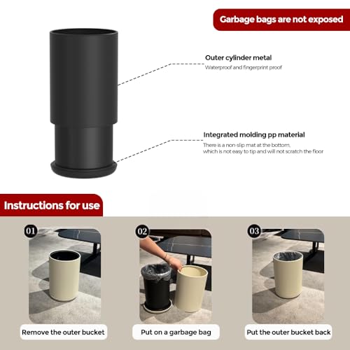 Image of 8L /2.1GAL Small Trash Can, Modern Black Metal Bath trashcan,Large Open Trash Can with Double Barrel for Bedroom, Children's Room, RV, Laundry Room (BLACK-8L)