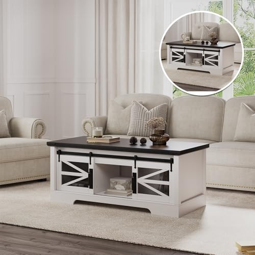 47.2" Lift Top Coffee Table, Multifunctional Table with Sliding Barn Door, Hidden Storage Compartment, Lifting Tabletop, Adjustable Shelf, Rustic Farm