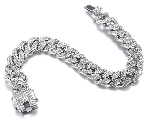 Halukakah Gold Chain Iced Out For Men,Men's 14Mm Miami Cuban Link Chain Bracelet 7In(18Cm) Platinum White Gold Finish,Full Cz Diamond Cut Prong Set,Gift For Him #TOP5