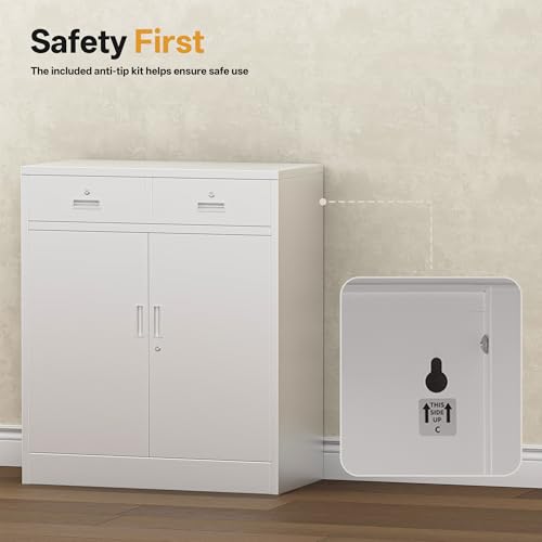 Metal Storage Cabinet with 2 Drawers 36" H,White Metal Garage Cabinets with 2 Lockable Doors and Adjustable Shelves Easy to Assemble for Home Office, Kitchen,Pantry,Garage,Warehouse