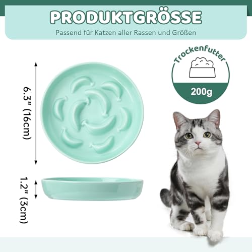 Antischlingnapf Katze Set aus Keramik - 2 Stück Futternäpfe für langsames Fressen - Doppel Katzennapf in Pastellfarben - Fressnäpfe für Katzen - Weiß und Grün