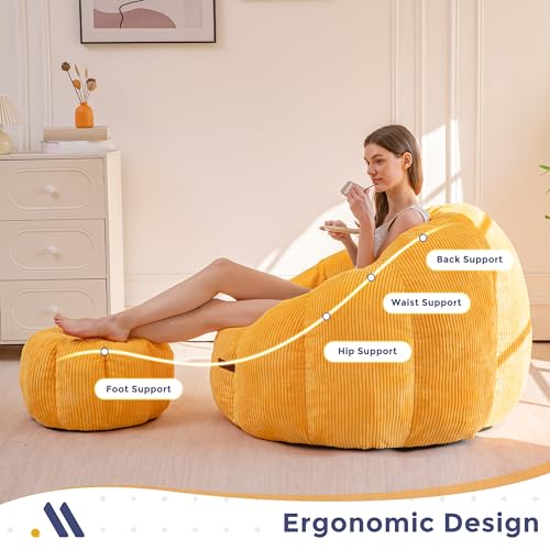 Image of MAXYOYO Giant Bean Bag Chair with Ottoman, Pumpkin-Shaped Bean Bag Sofa with Footstool, Oversized Boneless Couch Chair in a Box, Comfy and Lazy Lounge for Dorm, Living Room, Bedroom, Orange