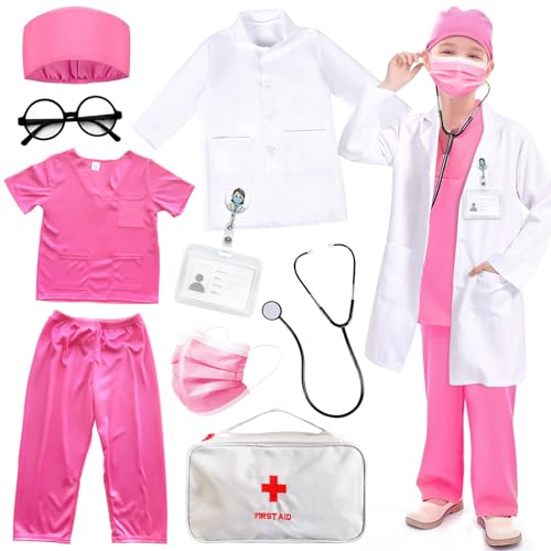 Doctor Costume for Kids Nurse Scrubs: Surgical Doctor Outfit with Lab Coat Carrying Bag Stethoscope for Career Day Cosplay (Pink, 120 (5-6 years))