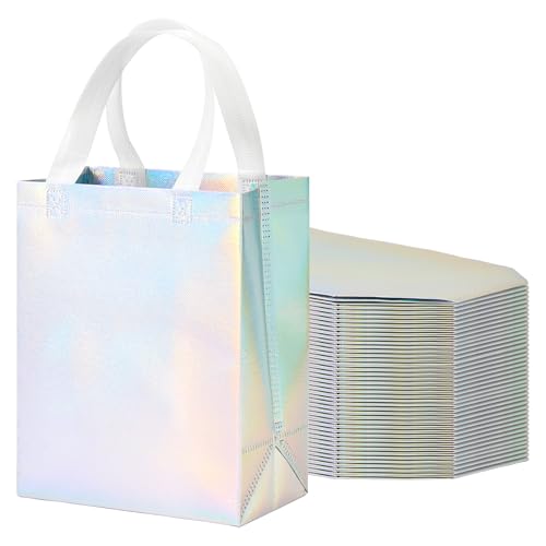 Reusable Gift Bags with Handles, 100 PCS Iridescent Party Favor Bags of Medium Size, 8x4x10 Inch Holographic Gift Bag Bulk for Birthday, Wedding, Goodie