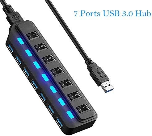 FEBITE USB 3.0 Hub 7 Port Superspeed USB Powered Data Hub with LED Indicator Individual On/Off Switch for MacBook Air iMac Computer Laptop PC Desktop