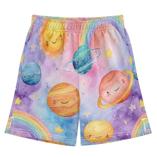 DOMIKING Planet Star Rainbow Pink Kids Shorts Pull-on Boys Shorts with Elastic Waist Casual Athletic Pants for Outdoor Summer